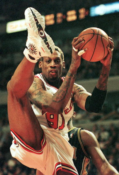 Chicago Bulls forward Dennis Rodman steals a rebou